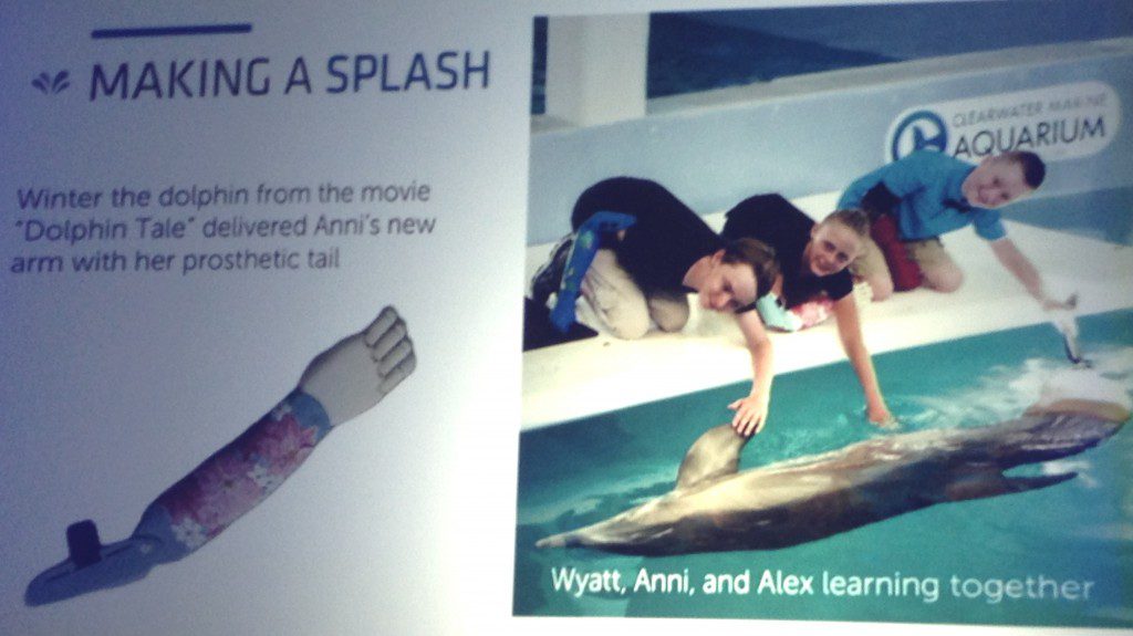 All three kids on the right sport 3D printed arms from Limbitless. Even the dolfin might boast of his 3D printed tail. 