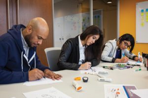 Batelle human centric design staff members Andrew Sweeney, Annie Diorio-Blum, and Neha Kalra participate in a brainstorming session to generate product concepts.