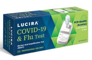 Product packaging for the Lucira combination COVID-19 and flu test