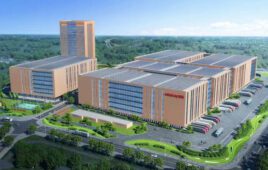 A rendering of Mindray's new Longhua manufacturing center, including a tall tower