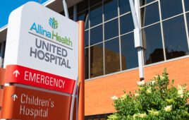 An Allina Health sign outside United Hospital in St. Paul
