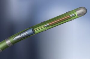 A cutaway illustration of a catheter tip showing an winded-coil electromagnetic sensor 