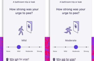 A digital health app for overactive bladder patients asking them to rate their urge to pee from none to strong.