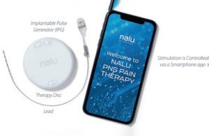 The components of Nalu Medical's Nalu Neurostimulation System, including a micro-IPG and a smartphone-based app. 