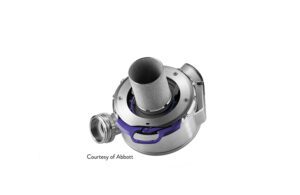 An Abbott marketing image shows the HeartMate 3 LVAD pump which is smaller than a baseball.