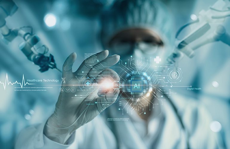 Adobe股票图片显示了一个蒙面长袍的外科医生和周围的机器人手术武器使用某种现实增强程序挂在空中,人工智能和医学技术的象征。
