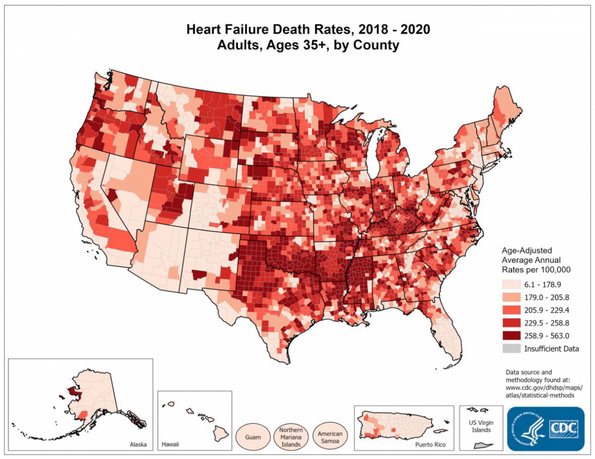 A map from the CDC's website illustrates the disparity of heart failure outcomes in the United States.