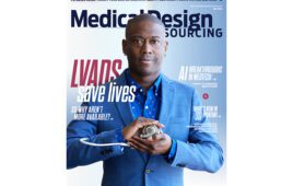 The front cover of the July 2023 edition of Medical Design & Outsourcing, featuring heart failure patient Kyree MIller posing with an Abbott LVAD pump like the ones that kept him alive while awaiting a heart transplant.