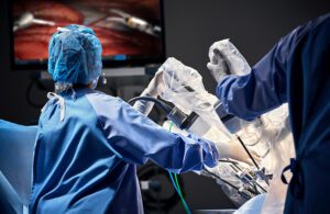 A photo of Intuitive Surgical's da Vinci surgical robotics system in an operating room.