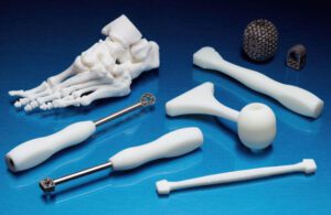 A photo of Restor3d 3D-printed orthopedic implants, anatomical models and surgical tools and guides.